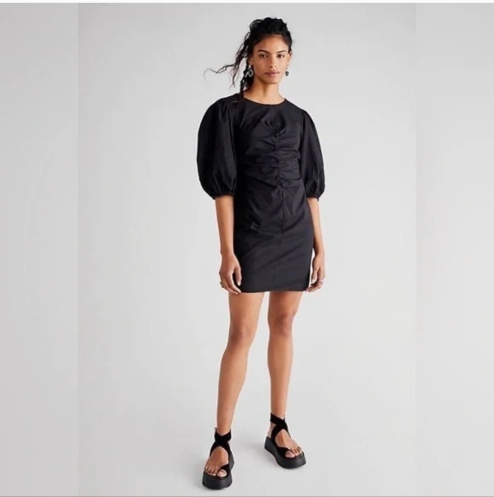 Free People Ruched Front Puff Sleeve Black Mini "Hope" Minimalist Dress Size XL